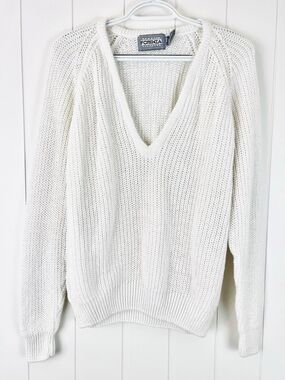 Vintage Forenza White Lurex Metallic Thick Knit Sweater 80s 90s Y2K V Neck Med